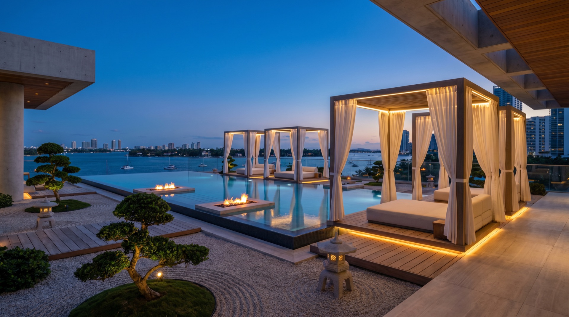 Resort pool deck with Japanese zen garden and Biscayne Bay views