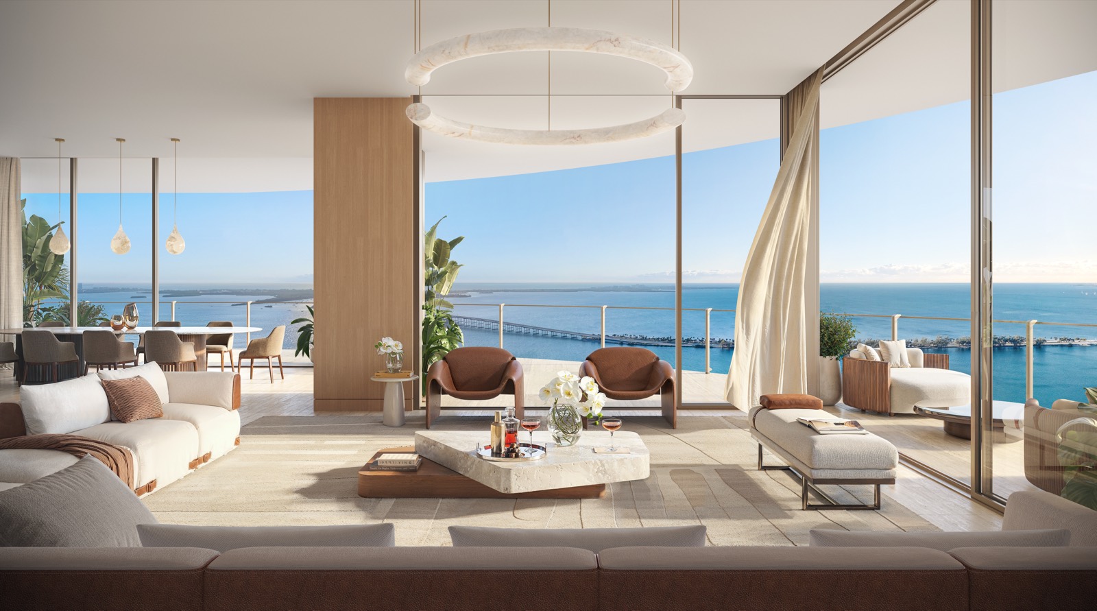 Living room at 619 Brickell with bay views