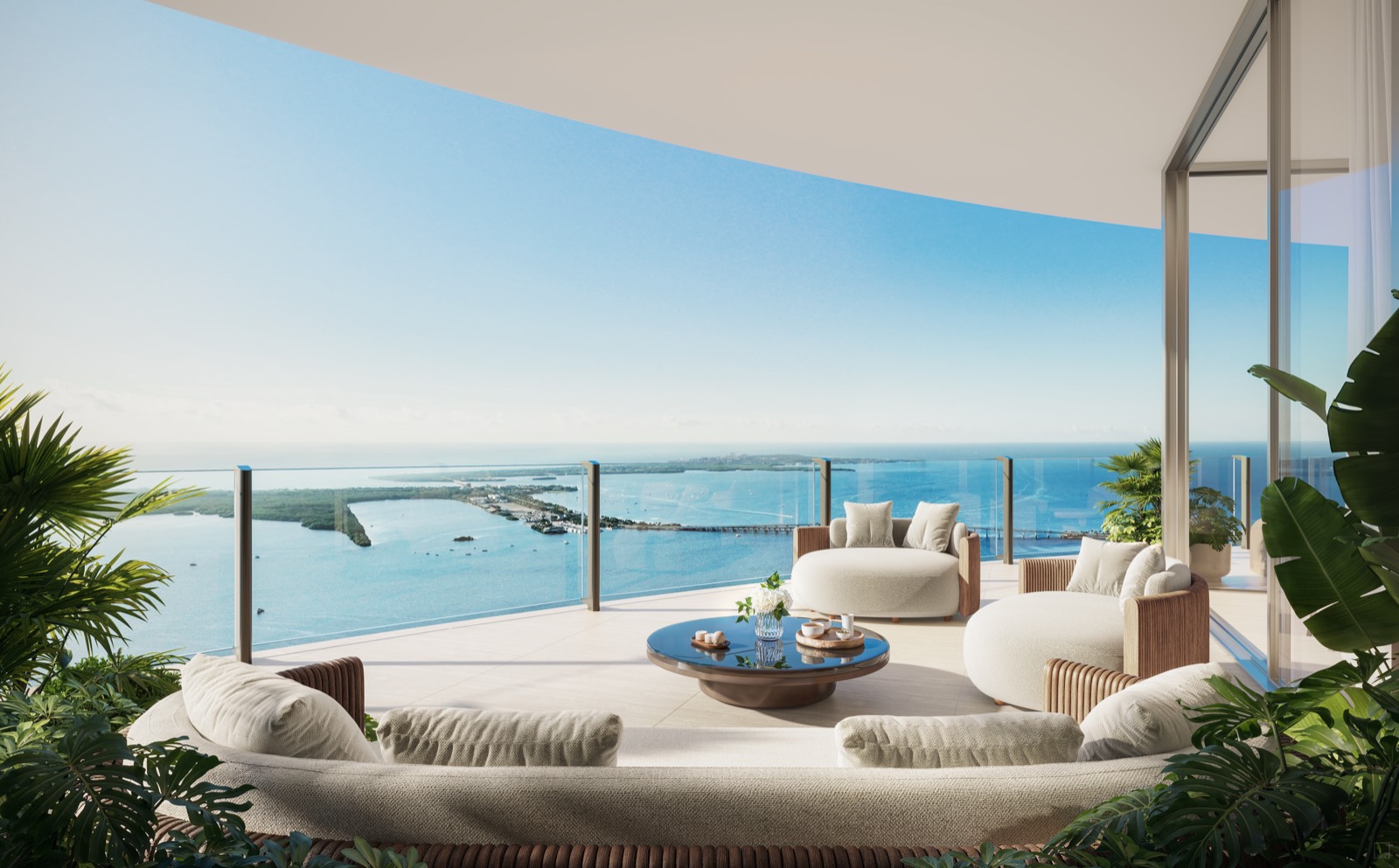 Terrace view over Biscayne Bay from a 619 Brickell residence