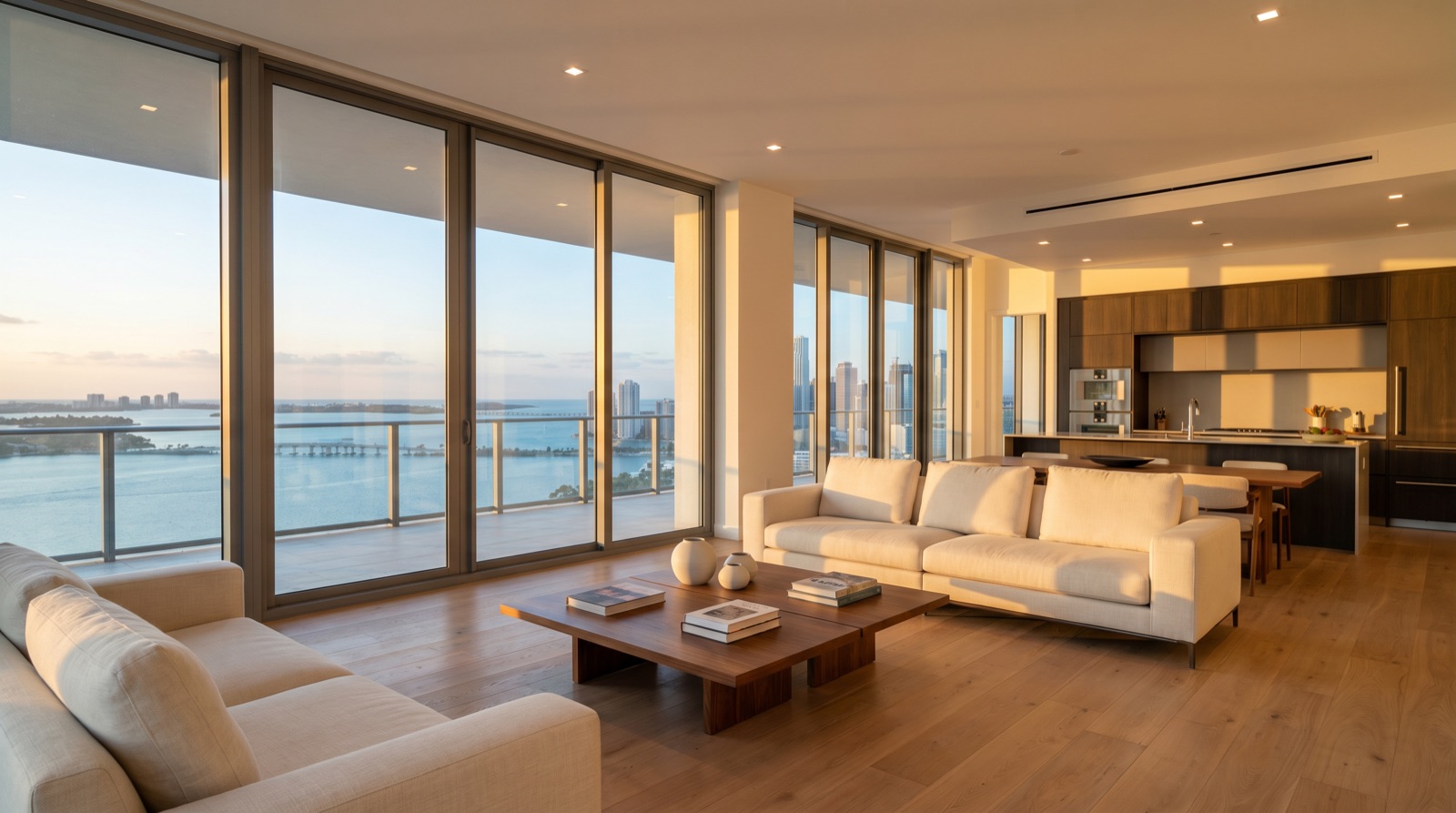 Luxury bayfront interior with panoramic Biscayne Bay views